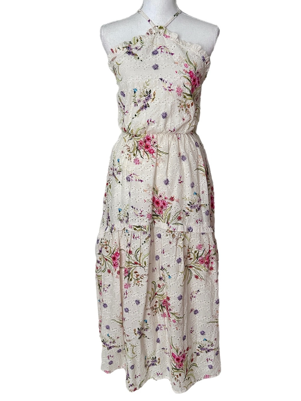 Anthropologie Mahila Maxi Dress Eyelet Floral Tiered Ruffle Cottagecore Boho XS